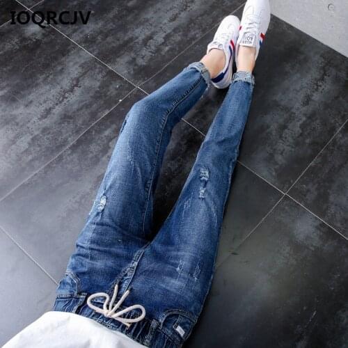 Basic Denim Jeans Classic 4 Season 2019 Women Casual Elastic High Waist Jeans Hole Harlan Jeans Vintage Cowboy Denim Pants R138