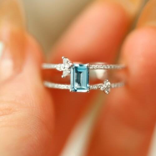 Classic Female Aqua Blue Hollow Ring Charm Silver Color Open Wedding Rings For Women Luxury Square Zircon Stone Engagement Ring