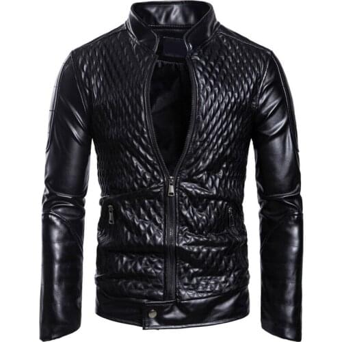 New Mens Plaid Leather Jacket Casual Male Stand Collar PU Leather Jacket Fashion Zipper PU Jacket EU Size SA982
