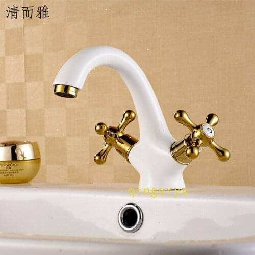 The new European-wide copper antique gold-plated faucet basin washbasin white paint grilled hot and cold taps Universal
