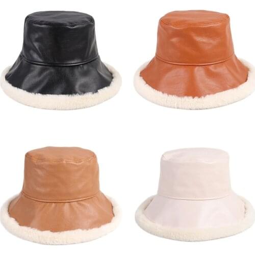 2021 New Fashion Winter Black Pu Leather Bucket Hat Women Faux Fur Bob Chapeau Femme Harajuku Hip Hop Panama Hats Fisherman Cap