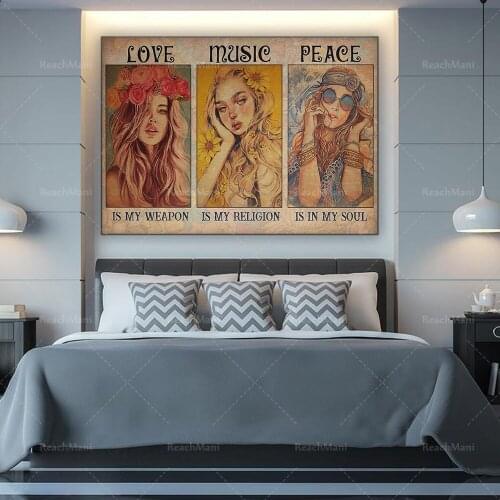 Hippie Poster, Love Music Peace Art, Hippie Girl Wall Art, Girl Flowers Print, Gift For Her, Peace Signs Poster, Best Gift Ever