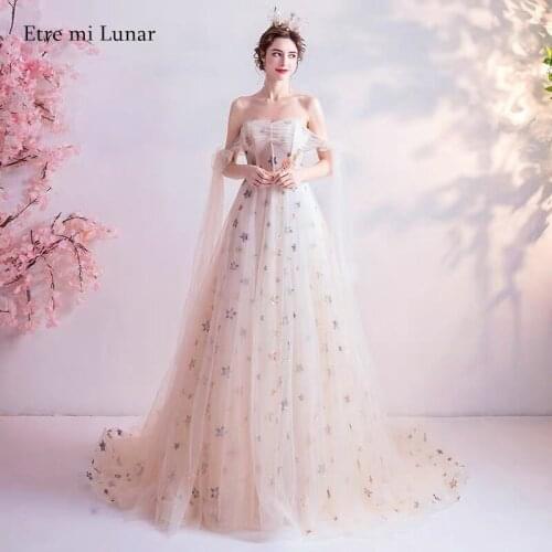 Sexy Evening Dress 2020 A-Line Off Shoulder Blackless Long Train Prom Gown Tulle boho dress LE40819