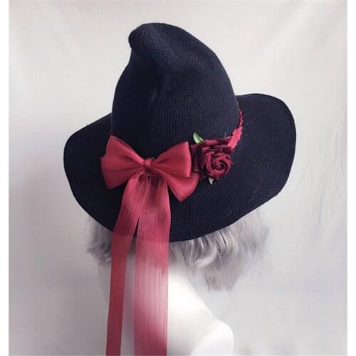 Lolita Halloween Retro Witch Hat Rose Big Bow Wizard Hat Gothic Magical Girl Hat Cap D588