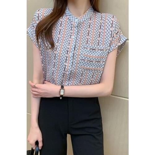 SummerStand-up collar Vertical stripes chiffon women blouse shirt short sleeve ladies blouse shirt korean fashion shirts