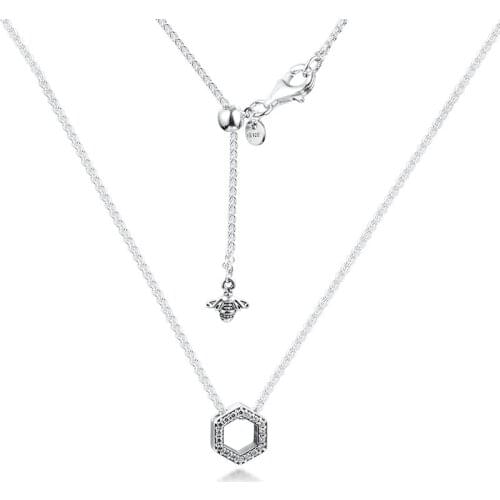 Sparkling Honeycomb Hexagon Collier Necklace Fit Original European Charms Sterling Silver Necklace For Woman DIY Fashion Jewelry