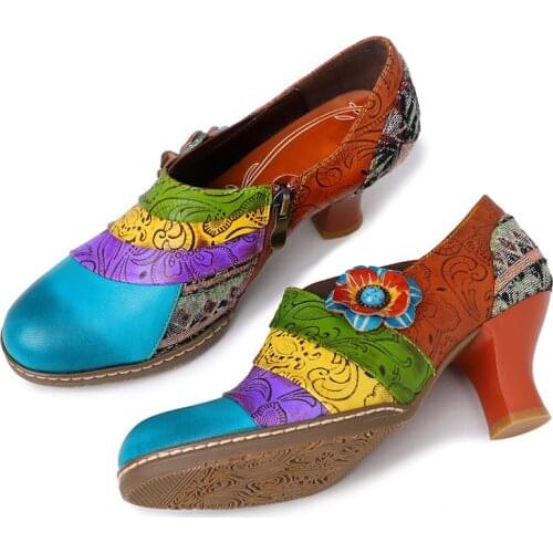 Vintage Bohemia Genuine Leather Clover Pattern Splicing Colorful Floral Lace Zipper Comfortable Pumps Brogue Shoes