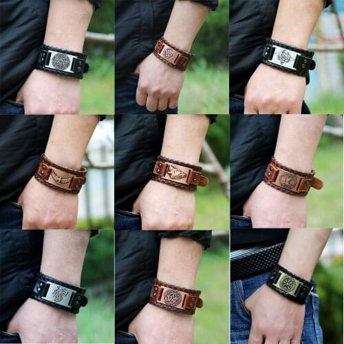 Vintage Wide Leather Bracelet Men Punk Braided Rope Alloy Cuff Bangle Male Wristband Viking Amulet Bracelet Mens Totem Jewelry