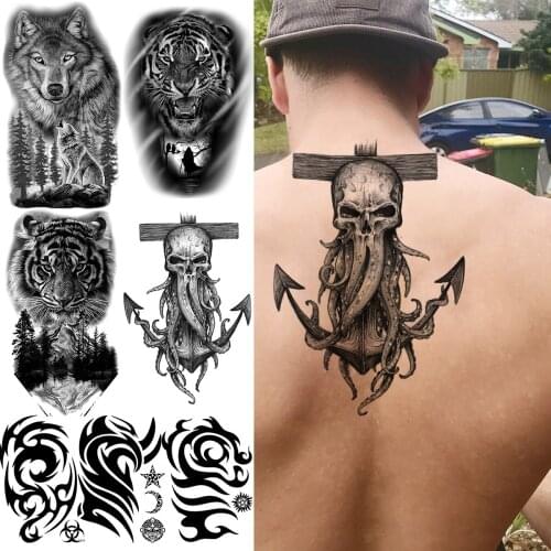 Octopus Pirate Anchor Temporary Tattoos For Women Men Skeleton Tiger Thorns Moon Fake Tattoo Sticker Back Arm Transfer Tatoos 3D