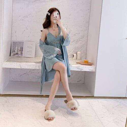 2021 Spring and Summer New Sexy Robe with Chest Pad Open Back Suspender Nightdress Two Piece Home Suit Nightgown Silk Female