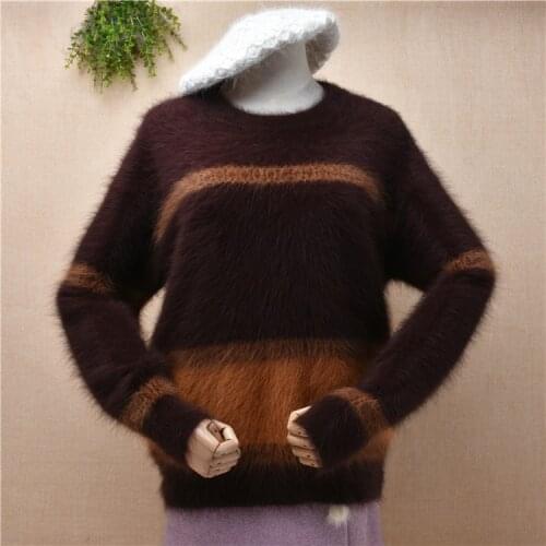 Female women autumn winter clothing hairy mink cashmere knitted striped long sleeves loose pullover angora fur sweater pull tops