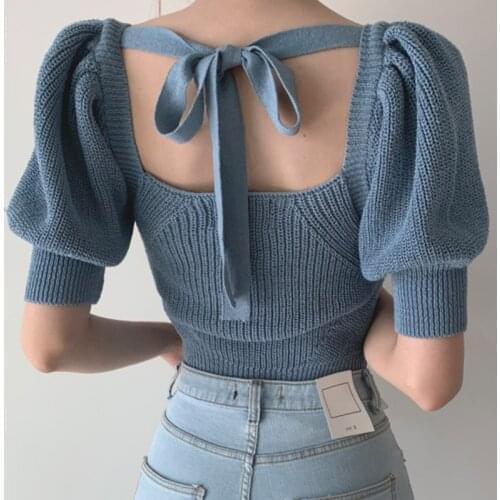 Summer 2020 Casual Slim Tops Women Korean Chic Square Collar Puff Sleeve Female Tees Backless Lace Up Knitted T Shirts