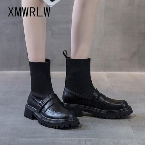 XMWRLW Womens Mid-Calf Boots Fashion Knitting Wool Ladies Slip on Boots For Women Autumn Winter Shoes 2021 New High Heels Boot