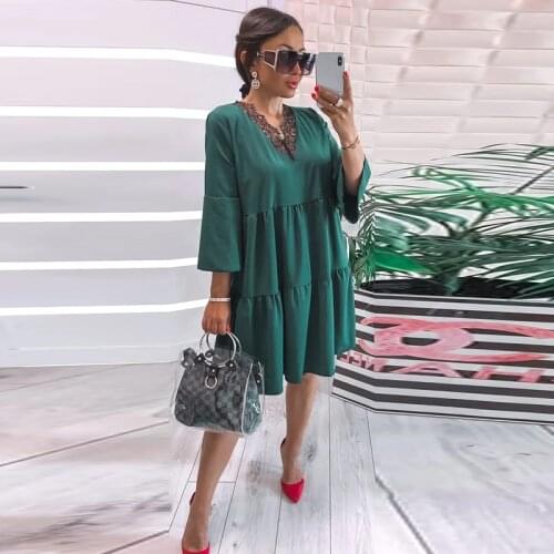 Women Vintage Lace Patchwork A-line Party Dress Flare Sleeve Sexy V neck Solid Elegant Casual Dress 2021 Autumn Fashion Dress