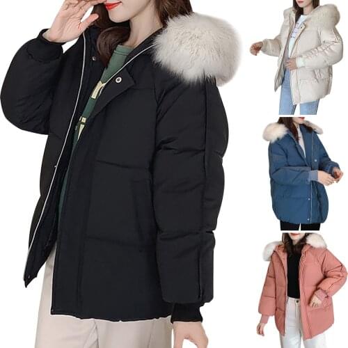 Winter Womens Hooded Plus Velvet Bread Jacket Long-Sleeved Loose Cotton-Padded Coat Solid Color Plush Hooded Warm Zip Overwear