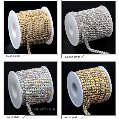 10yard 2-Rows ss6 ss8 ss12 ss16 crystal clear/AB rhinestones Gold/silver plated cup claw close chain sew on Trim Cake Decoration