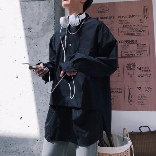 2021 Men Shirts New Youthful Vitalith Fashion Loose Solid Color Stand Collar Long Sleeve Shirt Male Streetwear Casual Tops M-XL