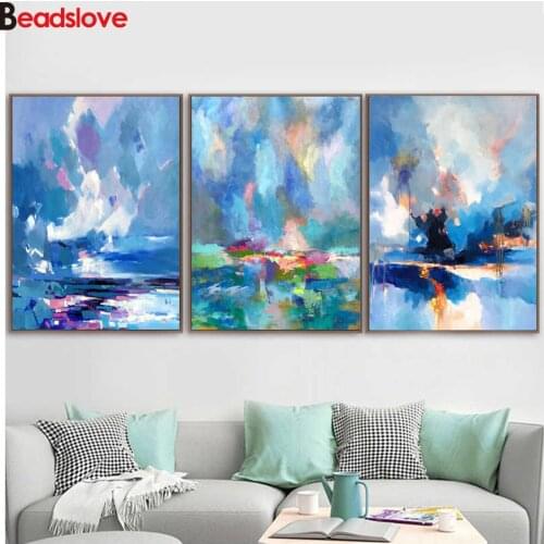3 Pieces Diamond Painting abstract blue triptych 5D Diamond Mosaic Crafts Diamond embroidery pattern paintings rhinestones
