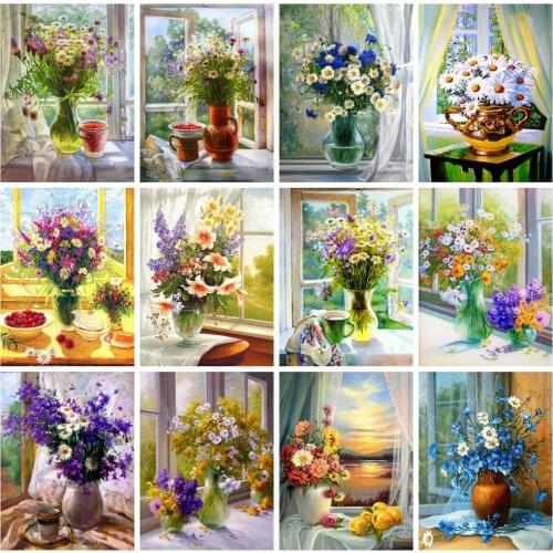 Huacan 5d Diamond Painting New Arrivals Daisy Flower Embroidery Cross Stitch Window Floral Vase Home Decor Diamond Art