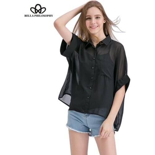 Bella Philosophy spring summer loose turn-down collar flare sleeve chiffon Blouse white red black pink yellow