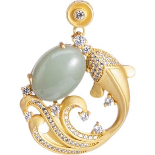 BOCAI 2021 Trend real S925 Silver Gold-plated Hetian Jade/sapphire Personalized Carp and Small Fish Iadies Pendant Necklace