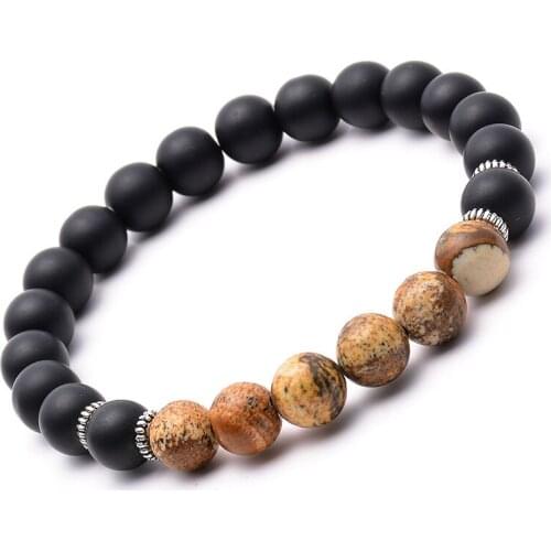 8mm natural round black onxy stone combination hesitate bead stretched beaded bracelet for unisex man woman healing jewelry
