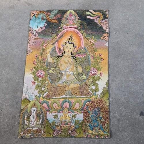 Home Decor 35" Thangka embroidery Tibetan Buddhism silk embroidery brocade Nepal Manjushri Buddha Statue Thangka