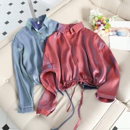 2020 Summer Turn-down Collar Bandage Strap Lantern Sleeve Basic Cardigan Button Shirt Lady Short Bling Silk Chiffon Blouse Tops