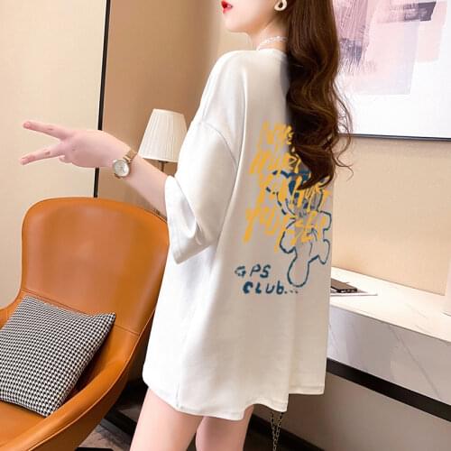 Houthion Womens T-shirt New Casual Fashion Loose Large Size Mid-length Short Sleeve O-Neck Cartoon Print T Shirt Summer