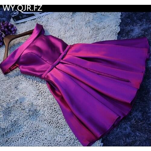 HJZY-34#Boat Neck Violet Lace up Short Twill Satin Cloth Bridesmaid Dresses Bride Wedding Party Toast Dress Gown Prom Wholesale
