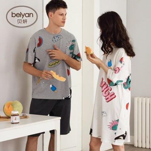 Cotton Couples Pajamas Womens Nightdress Thin Short-sleeved Loverss Homedress Mens Suit