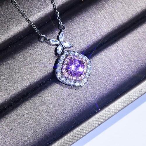 KOFSAC Luxury 925 Silver Necklace For Women Valentines Day Jewelry Shiny Zircon Purple Square Pendant Flower Necklaces Gifts