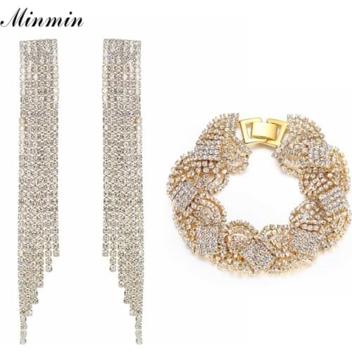 Minmin Luxury Gold Color Crystal Wedding Jewelry Sets for Women Bracelets Long Tassel Earrings Sets Fashion Jewelry EH424+SL076