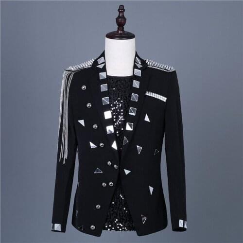 Men Mirror Chain Tassel Blazer Jacket Male Clothes White Black Coat Singer Host Bar Nightclub Performance Stage Blazers Costume