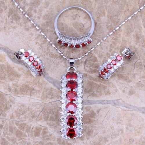 Precious Red Garnet White CZ Silver Plated Jewelry Sets Earrings Pendant Ring Size 6 / 7 / 8 / 9 / 10 S0155