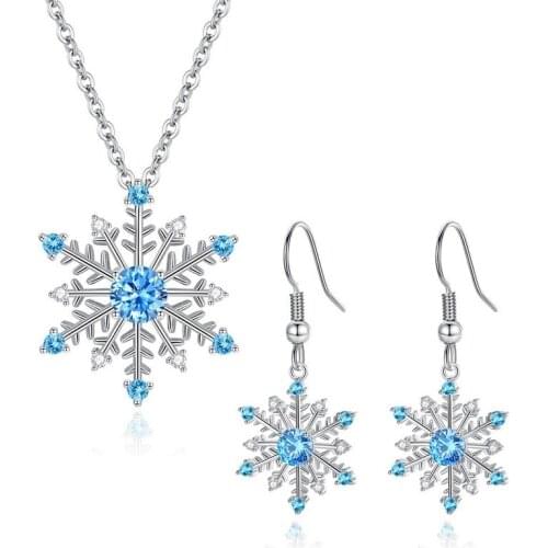 New Handmade Necklace Earrings Jewelry Sets Elegant AAA Blue Zircon Snowflake Dangle Earrings Fashion Clavicle Chain for Women