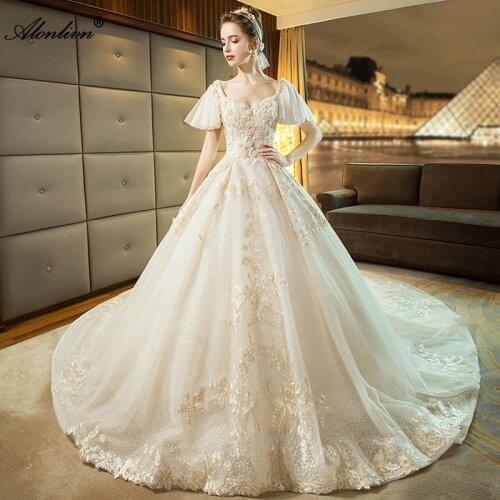Alonlivn Charming Voile Sweetheart Puffy Sleeves Embroidery Ball Gown Royal Train Bride Dresses Beading Crystals Wedding Gowns