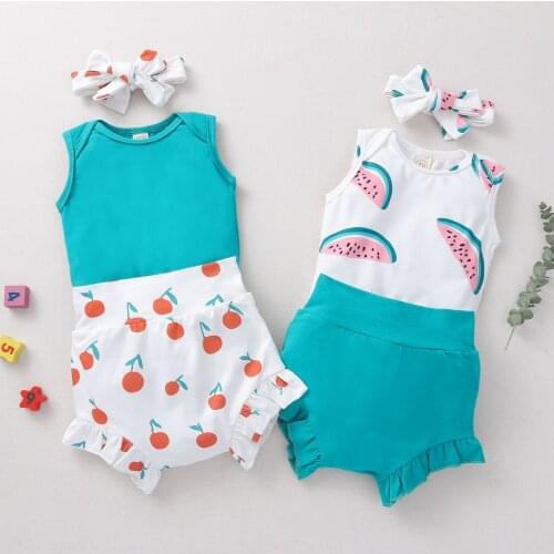 0-3Y Newborn Baby Boy Girl Clothes Sets Watermelon Print Sleeveless Bodysuit Tops Shorts Pant Bloomers Headband 3PCS