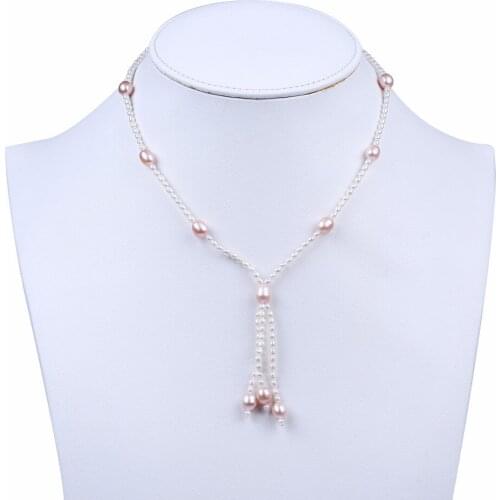 New style genuine real freshwater pearl necklace 3mm white 7mm pink AAA rice shape pearl necklace tassel pearl necklace