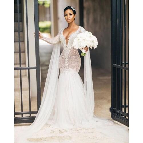 Sexy Deep V Neck Beaded Mermaid African Wedding Dresses with Fly Way Tulle Sweep Train robe de mariée
