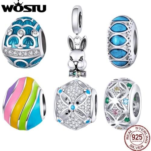 Wostu Easter Day Egg Rabbit Real 925 Sterling Silver Beads Charms 925 Original For Bracelet Silver 925 original Jewelry Making
