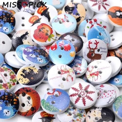 20pcs Mixed Round Shape Christmas Halloween Patterns Wood Beads Buttons Scrapbooking Decoration Handicraft DIY Accessories Gift