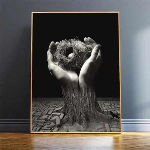 Birds Nest In Hand Surrealism Picture Black And White Modern Canvas Art Poster And Print Wall Painting For HomeRoom Decoration