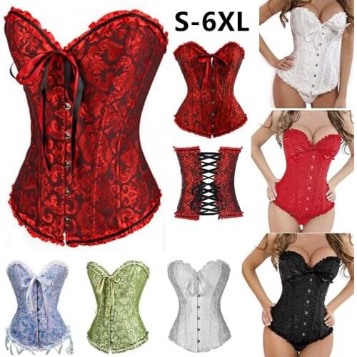 Sexy Corselet Women Plus Size Satin Overbust Embroidered Corset Bustier Top with G-string Set Lingerie Push Up Waist Trainer