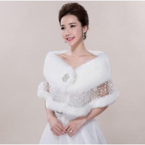 Bridal Wedding Shawl Autumn Winter Ivory Lace Shrug Faux Fur Wraps Warm Cape Jacket