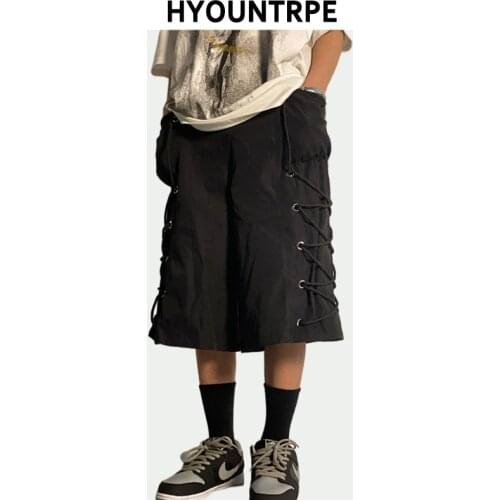 Hip Hop Loose Shorts Elastic Waist Shorts Fashion Side Tethers Shorts Men Summer Casual Drewstring Streetwear Sportswear Joggers