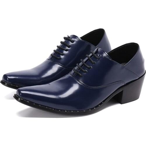Blue Oxford Shoes For Men Patent Leather Thick High Heel Suit Shoes Pointed Toe Italian Shoes Plus Size Lace Up Mens Dress Shoes