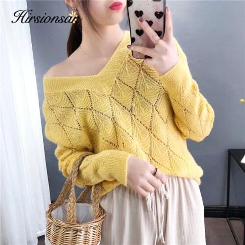 Hirsionsan Soft 3D Sweater Women 2020 Autumn New Korean Elegant Knitted Tops V Neck Casual Loose Pullovers White Brown Jumper