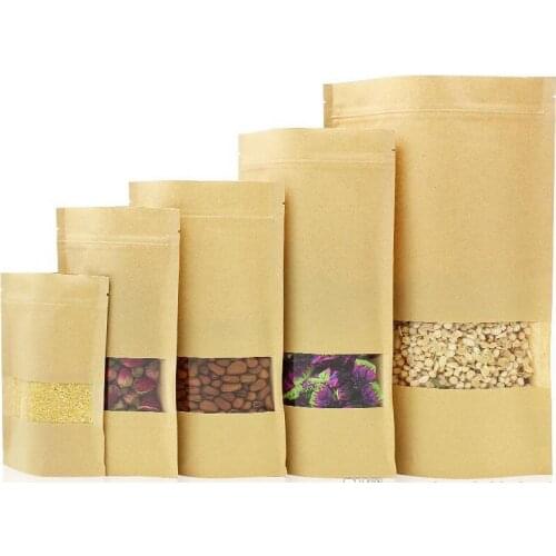 9*14+3 Food Moisture Barrier Bags Packaging sealing pouch Brown Kraft Paper Doypack Pouch with clear Window