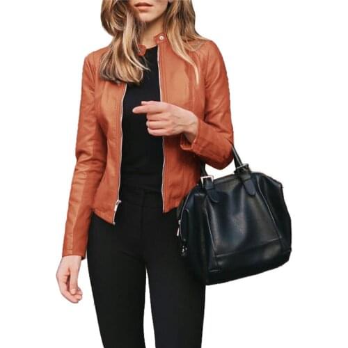 Xingqing Autumn Womens Casual Pu Leather Jacket Long-sleeved Stand-up Collar Pocket Zipper Jacket Fashion Slim Jacket Tops